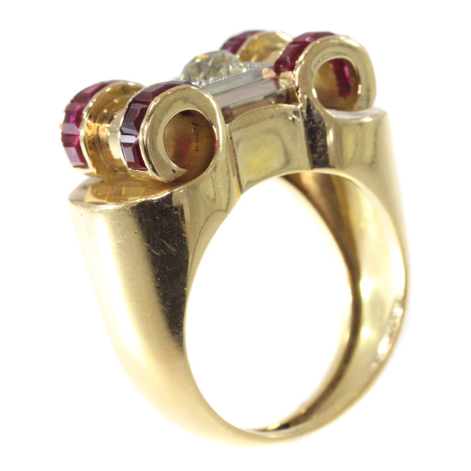 Impressive Retro ring with big old brilliant cut diamond and carre rubies by Unknown artist