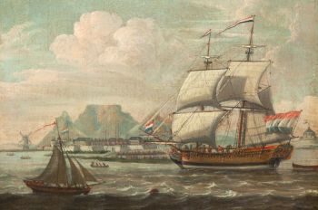 Arrival of a Dutch East Indiaman in Table bay  (DUTCH SCHOOL 18TH CENTURY)   by Unknown artist