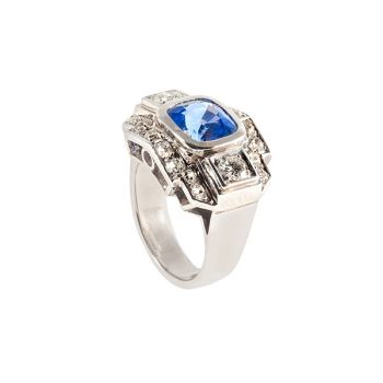 Retro ring in platinum set with diamonds and a sapphire by Unknown artist