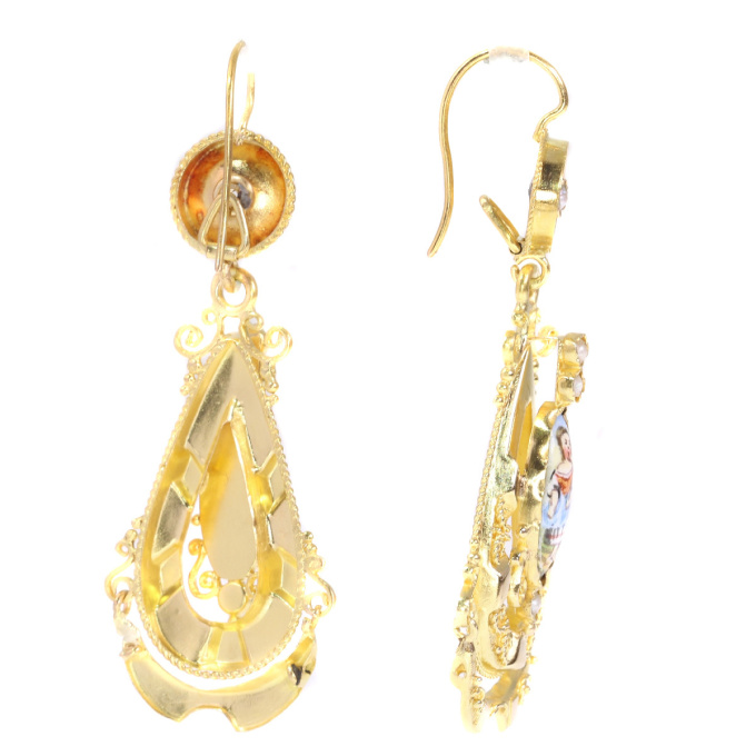 Gold Biedermeier earrings long pendant Victorian earrings with enamel by Artista Desconocido