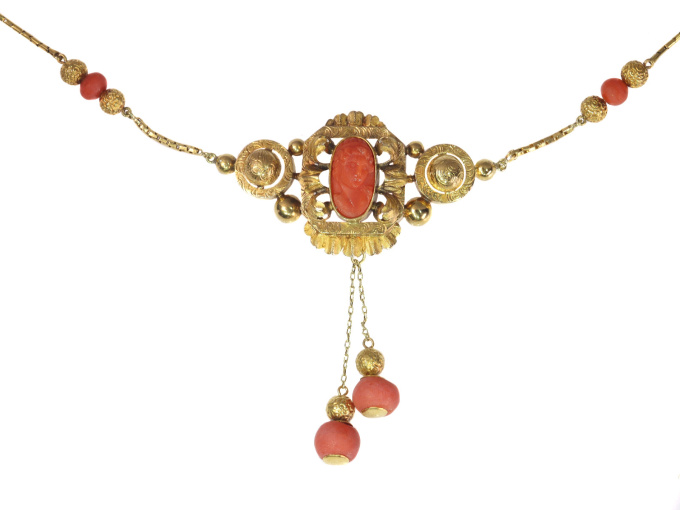 French Antique Gold and Coral Cameo Necklace by Artiste Inconnu
