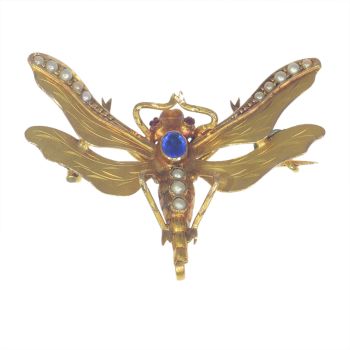 Vintage antique Victorian insect brooch with half seed pearls and a blue stone by Unknown artist