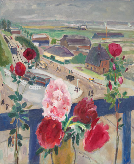 Still life with flowers and a view at the Amstelveenseweg by Jan Sluijters