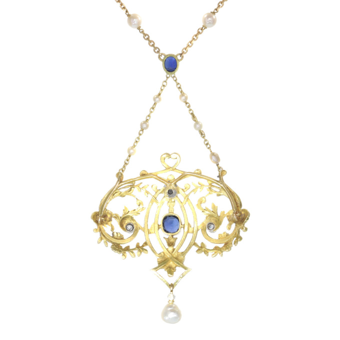 Late Victorian French gold pendant on chain with diamonds sapphires and pearls by Unknown artist