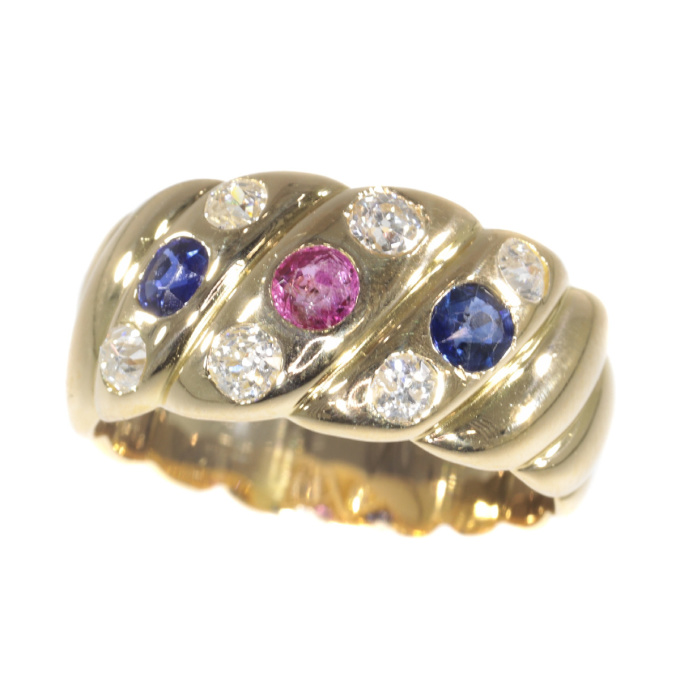 Antique 18K gold Victorian diamond sapphire and ruby ring by Artiste Inconnu