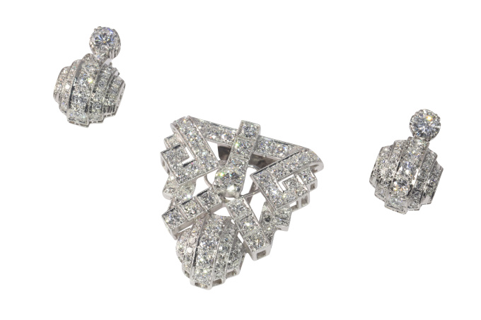 Vintage Fities Art Deco platinum and diamonds parure set brooch and earrings by Unknown Artist