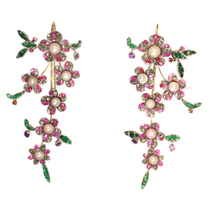 Extravagant long pendent earrings from antique parts diamonds, pearls, rubies by Onbekende Kunstenaar