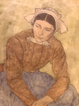 Zittende vrouw in klederdracht by Charles William Bartlett