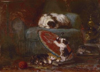 Kittens playing with a Japanese parasol by Henriëtte Ronner-Knip