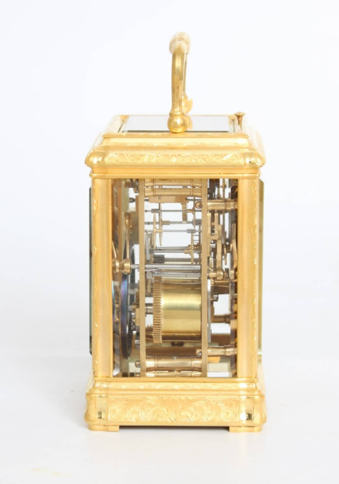 A French engraved gilt brass gorge case carriage clock, circa 1870 by Unknown artist