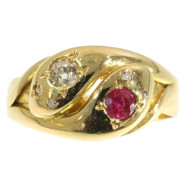 Victorian antique ring two intertwined snakes with ruby and diamonds by Artiste Inconnu