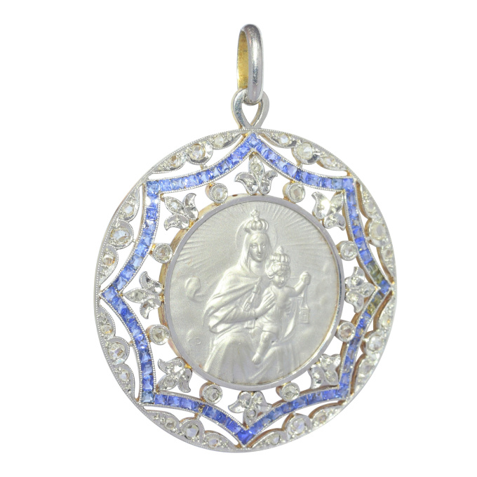 Vintage 1920's Edwardian - Art Deco diamond and sapphire medal Mother Mary and baby Jesus by Artista Desconocido