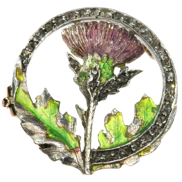Late Victorian early Art Nouveau enameled thistle brooch with rose cut diamonds by Artista Sconosciuto