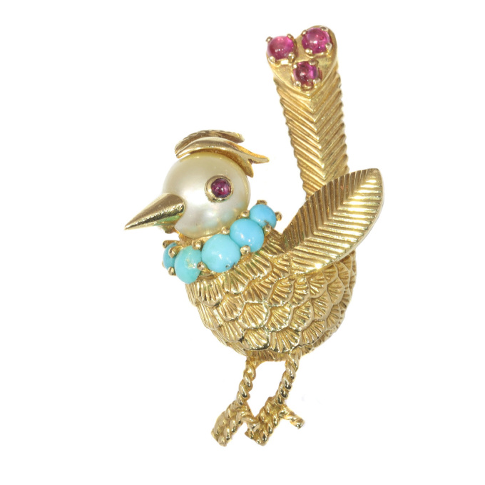 Vintage fanciful Fifties gold bejeweled bird brooch by Artista Desconocido