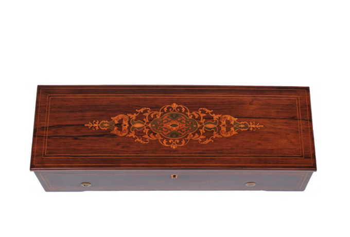 A fine Swiss Nicole Frères marquetry rosewood cylinder music box with eight airs, circa 1855 by Nicole  Frères