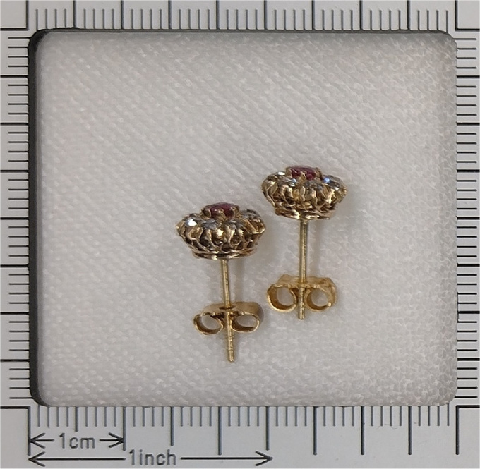 Antique Victorian antique diamond earstuds with natural rubies by Unknown artist