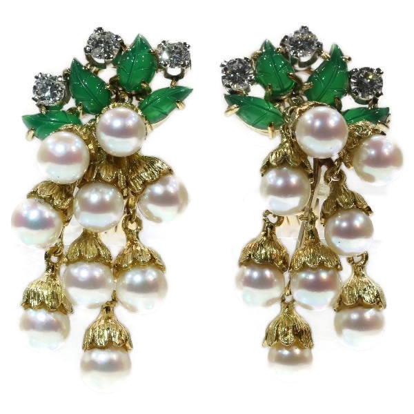 French estate gold and platinum diamond and pearl earrings with green leaves by Unbekannter Künstler