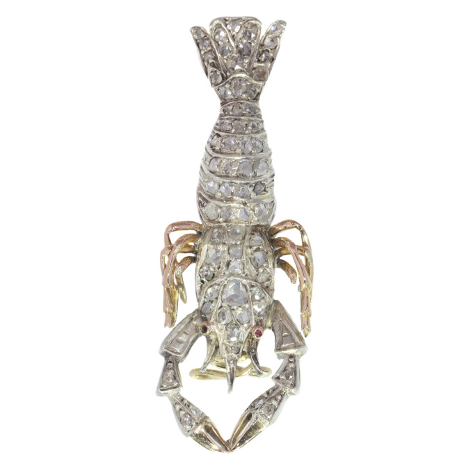Antique gold and silver crayfish brooch fully embelished with rose cut diamonds by Unknown artist