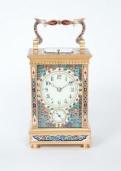 A French gilt brass cloisonne enamel carriage clock with grande sonnerie and alarm, circa 1890 by Unknown Artist