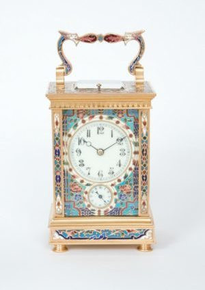 A French gilt brass cloisonne enamel carriage clock with grande sonnerie and alarm, circa 1890 by Unknown artist