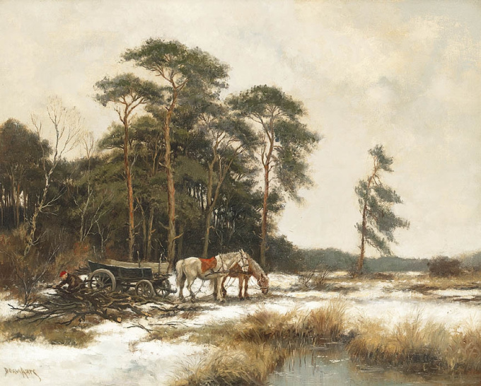 Snow landscape with horse and carriage by Theodorus Johannes (Dorus) Arts