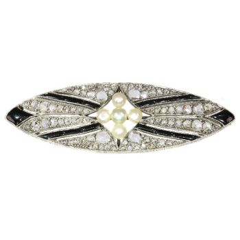Vintage Art Deco diamond onyx and pearl brooch by Unknown Artist
