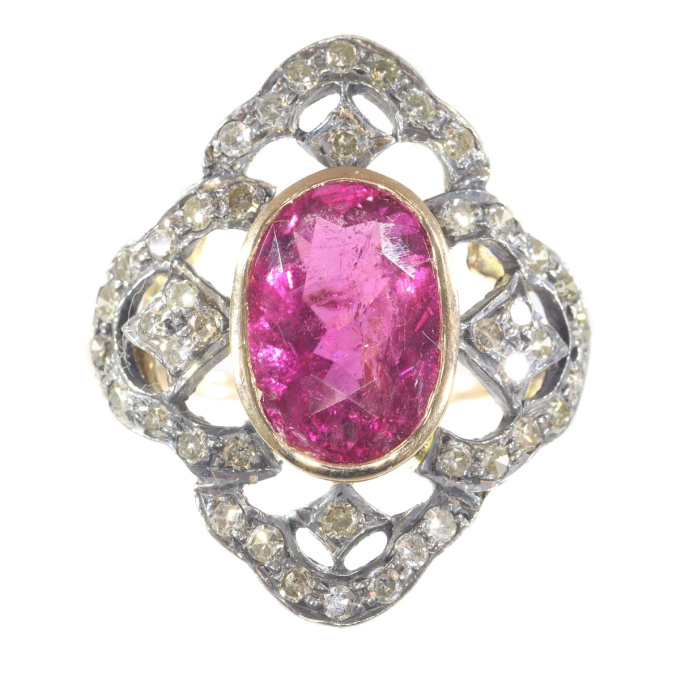 Vintage diamond ring with large rubelite by Unknown Artist
