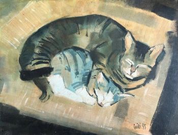 A cat and kitten by Artista Desconocido