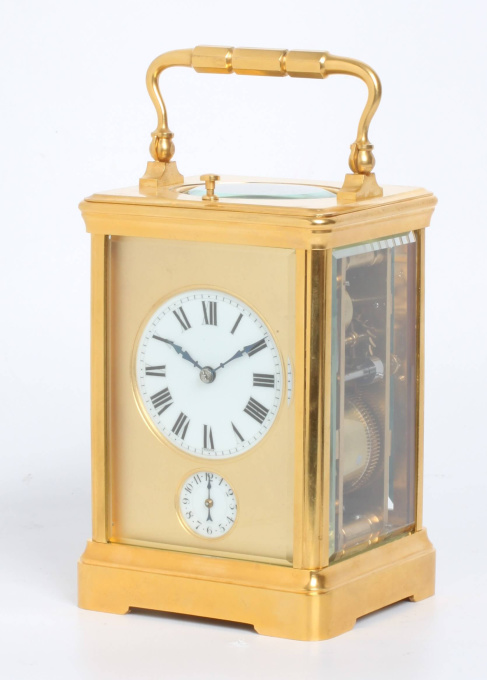 A French gilt brass quarter striking alarm carriage clock, circa 1890 by Onbekende Kunstenaar
