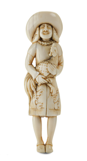 A IVORY NETSUKE OF A DUTCHMAN HOLDING A COCKEREL by Unknown artist