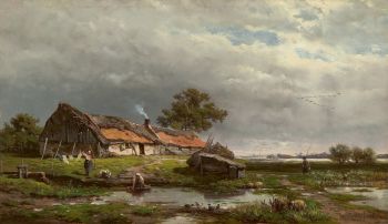 Activity by a cottage by Willem Roelofs