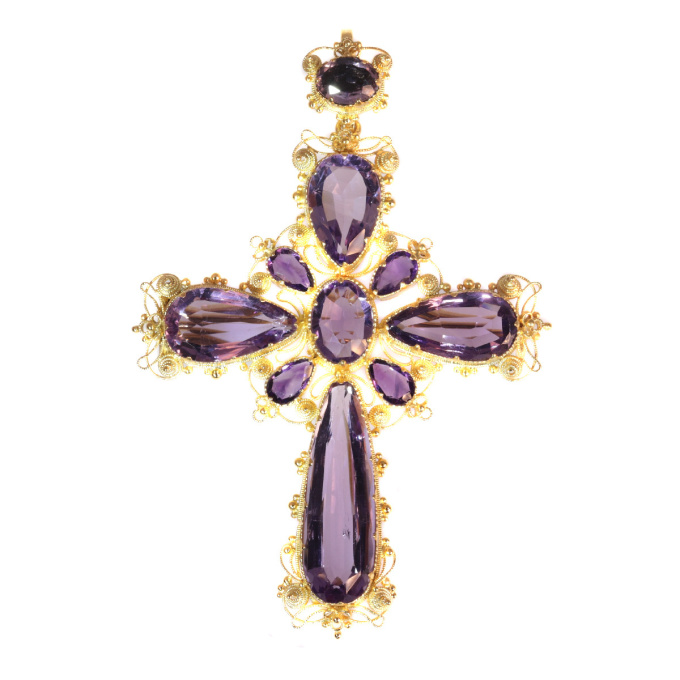 Antique gold Victorian filigree cross ten beautiful amethysts brooch/pendant by Artista Desconocido
