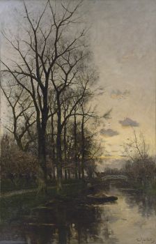 A gardeners barge on a river at sunset by Fredericus Jacobus van Rossum du Chattel