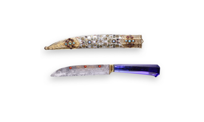 A superb inlaid walrus ivory and blue glass Ottoman knife by Artiste Inconnu