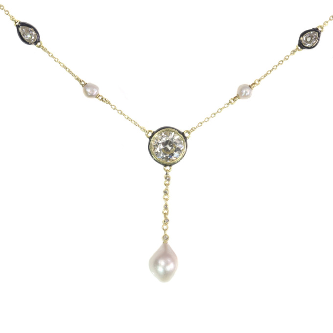 Antique 19th Century large diamond and large natural pearl necklace by Artista Desconocido