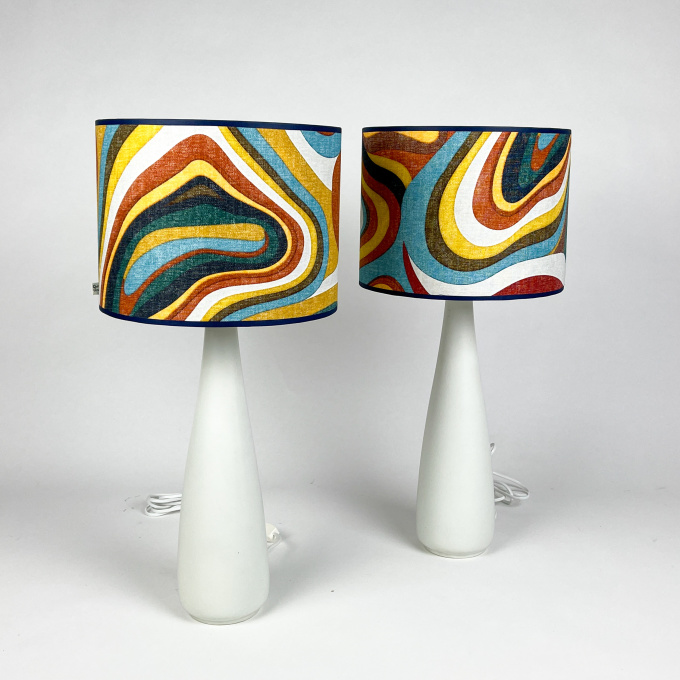 Two stoneware tablelamps with bespoke lampshades – Arabia, Finland between 1964-1971 by Onbekende Kunstenaar