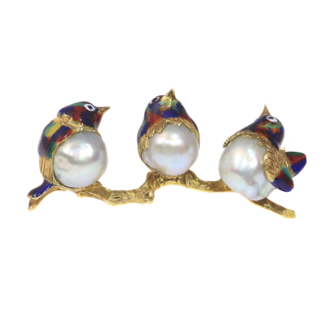 Whimsical vintage Seventies gold and pearl brooch three little enameled birds on a branch by Artista Desconocido
