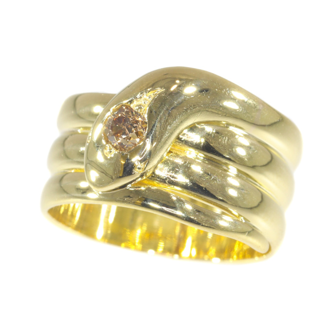 Antique gold snake ring with fancy colour diamond in head by Unbekannter Künstler