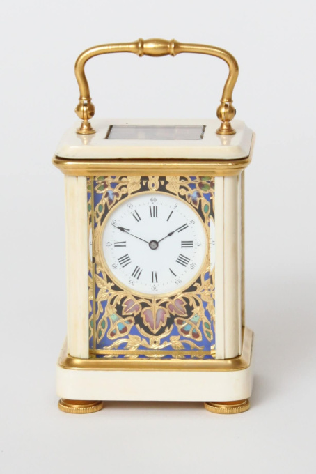 A miniature French cloisonne and ivory carriage timepiece, circa 1880 by Artista Sconosciuto