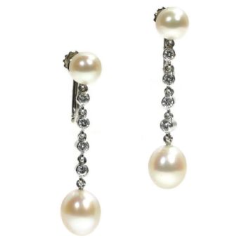 Platinum diamond and pearl long pendent earrings screws with safety system by Unknown Artist