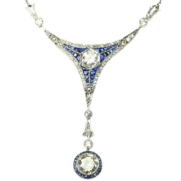 Art Deco Belle Epoque pendant with big brilliants and calibrated sapphires by Artista Desconhecido