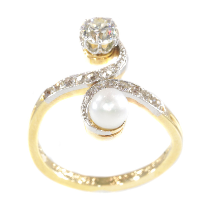 Elegant Belle Epoque diamond and pearl engagement ring so called toi et moi by Unknown artist