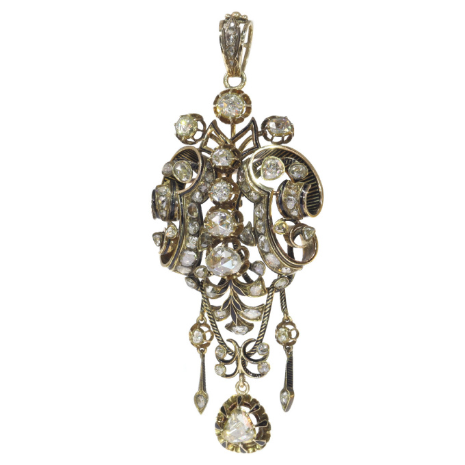 Impressive antique rose cut diamond brooch pendant with black enamel by Artiste Inconnu