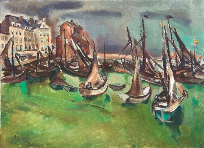 Boats in a harbour by Willem Paerels