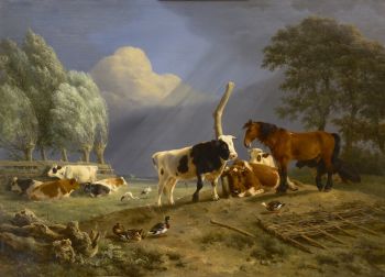Horse and cattle in a landscape, a storm approaching by Henriëtte Ronner-Knip