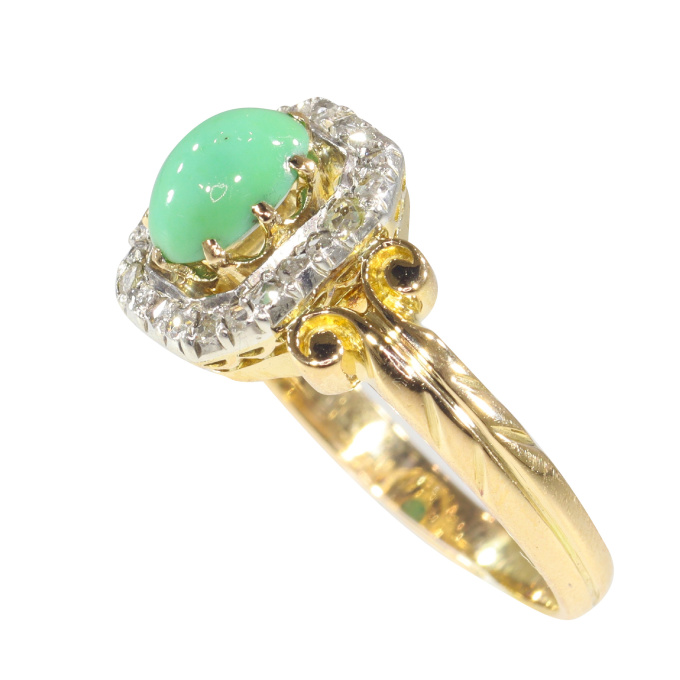 Antique Victorian 18K gold ring with rose cut diamonds and turquoise by Onbekende Kunstenaar