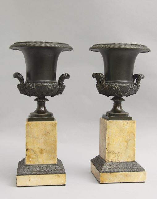 Bronze Medici vases on marble bases, France by Unknown Artist