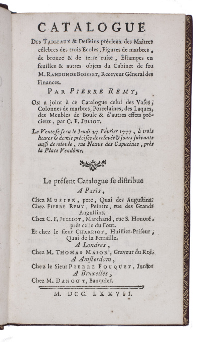 Auction catalogue of one of the most celebrated collections of the 18th century by Pierre Louis Paul Randon de Boisset