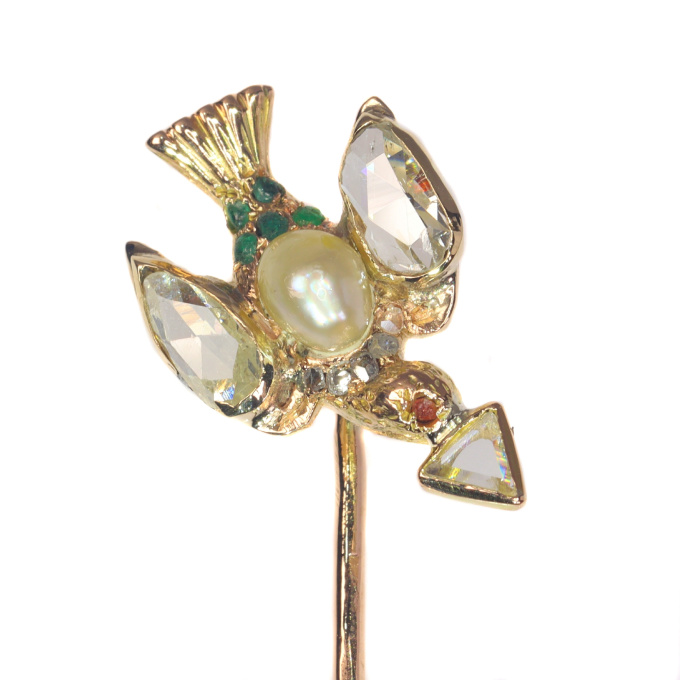Antique stick pin flying dove with diamonds by Artista Sconosciuto