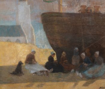 "Nettenboetsers in de schaduw van een bomschuit, Katwijk, ca. 1891" by Jan Toorop